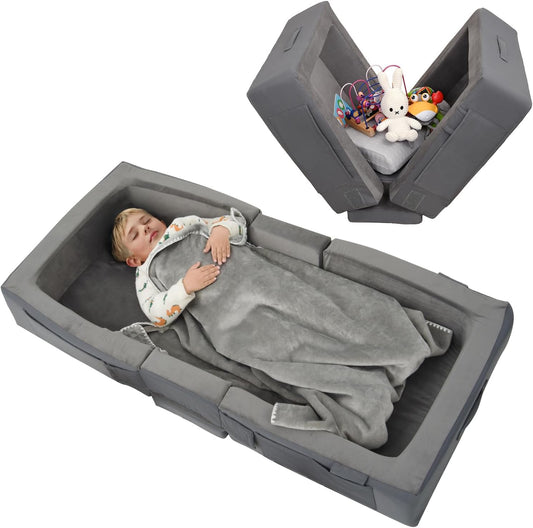 Toddler Travel Bed – Portable Foldable Soft Foam Floor Bed for Kids 1–4Yr, No Assembly, Washable Cover, Built-In Safety Rails, Compact for Travel & Home Use, Grey