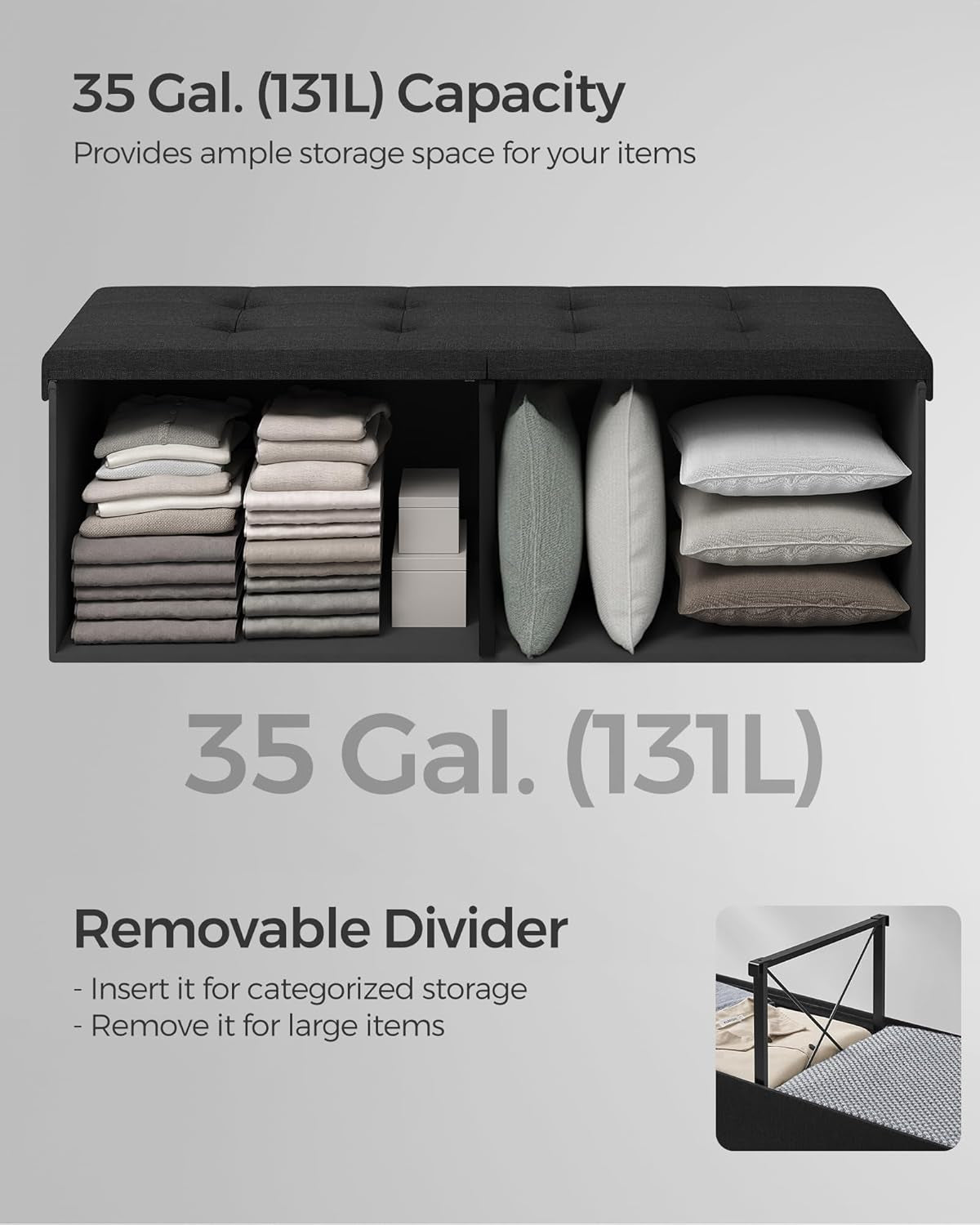 Mazie Collection - 43 Inches Storage Ottoman, Foldable Storage Bench with Flipping Lid, 660 Lb Load Capacity, for Entryway, Living Room, Bedroom, Ink Black ULSF076B01