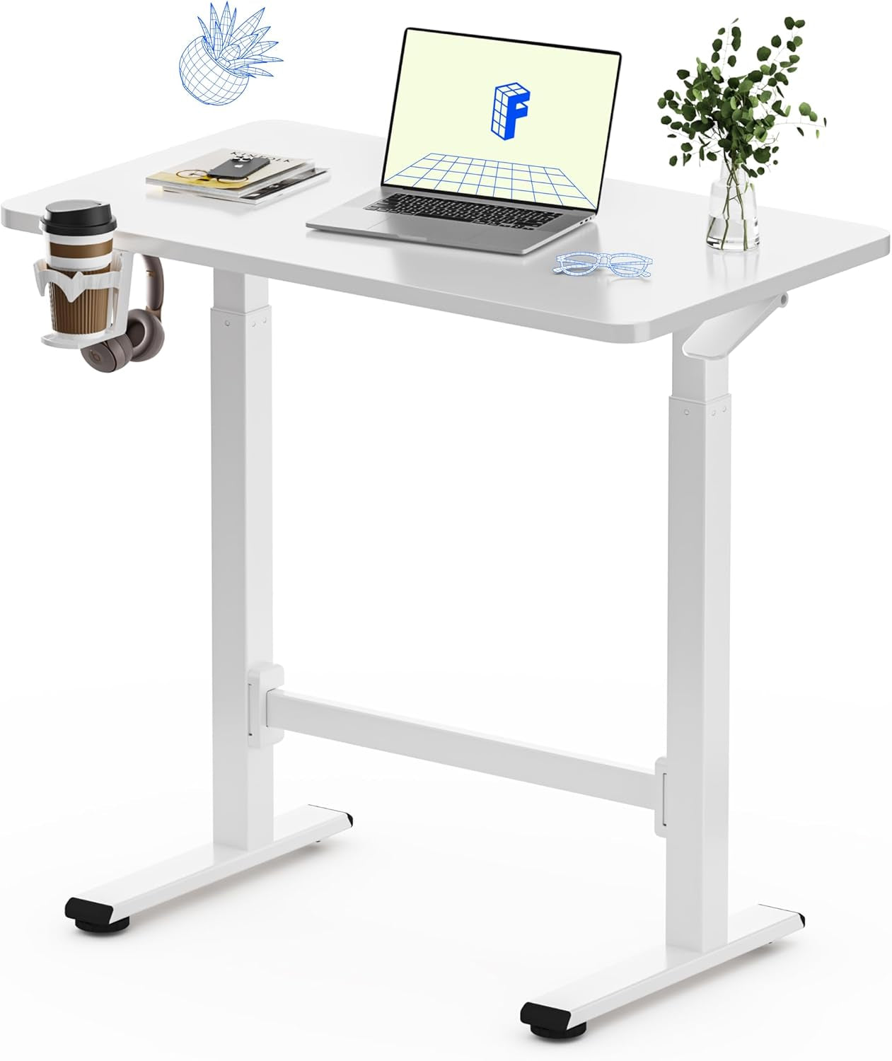 H7 plus Gas Spring Adjustable Standing Desk, Mobile Rolling Sit-Stand Table with Wheels, Cordless Stand up Desk for Small Spaces & Home Office, 32" One-Piece Desktop White,Height 27.6"–45"