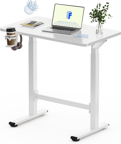 H7 plus Gas Spring Adjustable Standing Desk, Mobile Rolling Sit-Stand Table with Wheels, Cordless Stand up Desk for Small Spaces & Home Office, 32" One-Piece Desktop White,Height 27.6"–45"