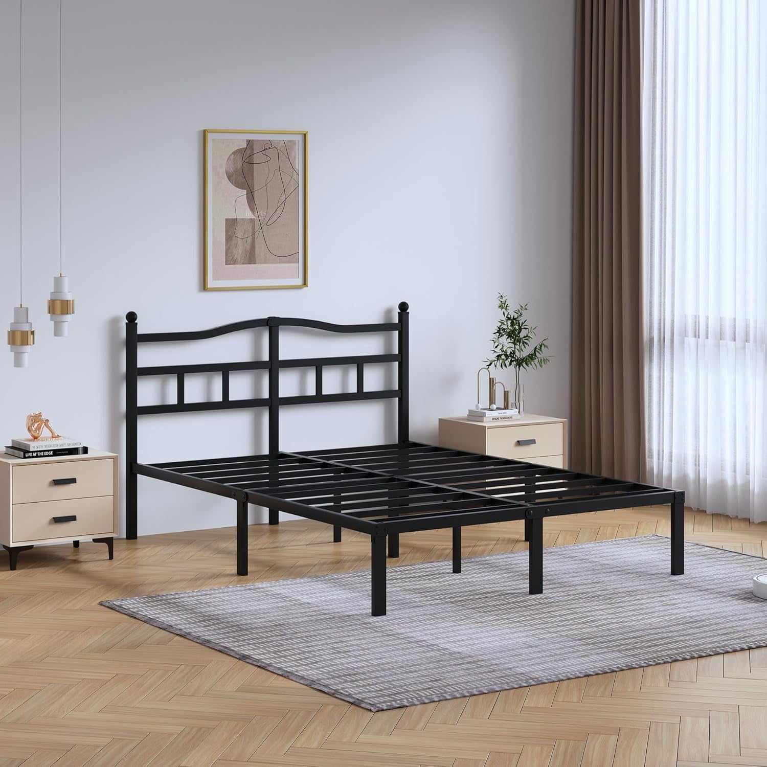 14 Inch Metal Bed Frame - Full Size Heavy Duty Bedframe with Headboard Black Basic Steel Slats Platform No Box Spring Needed/Easy Assembly/Noise Free