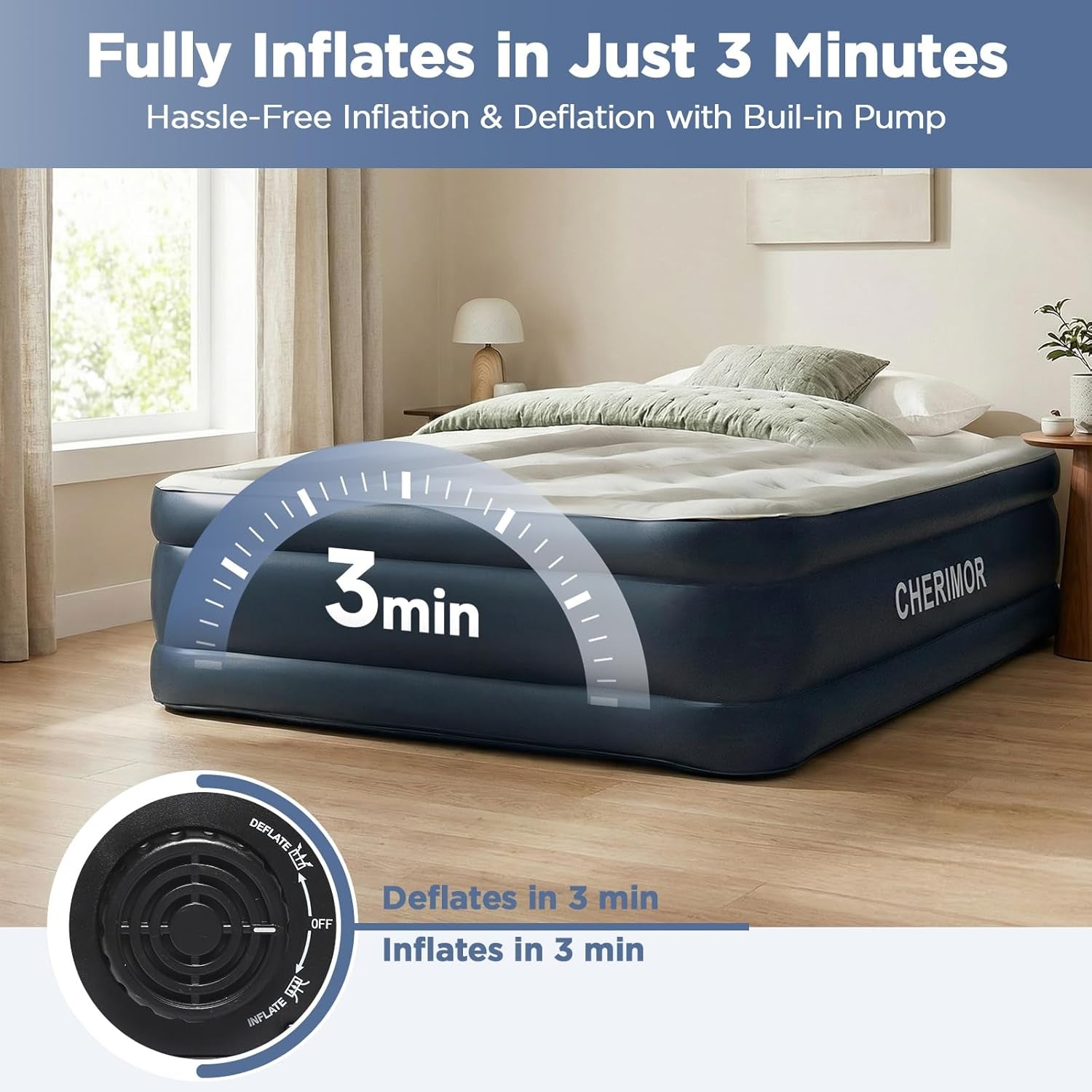 Queen Air Mattress with Built in Pump, 18" Elevated Height, 48Hr Leak-Tested, Honeycomb Coil Support, 800 Lbs Capacity, Fast 3-Min Inflation Blow up Mattress for Guest Room & Sleepover