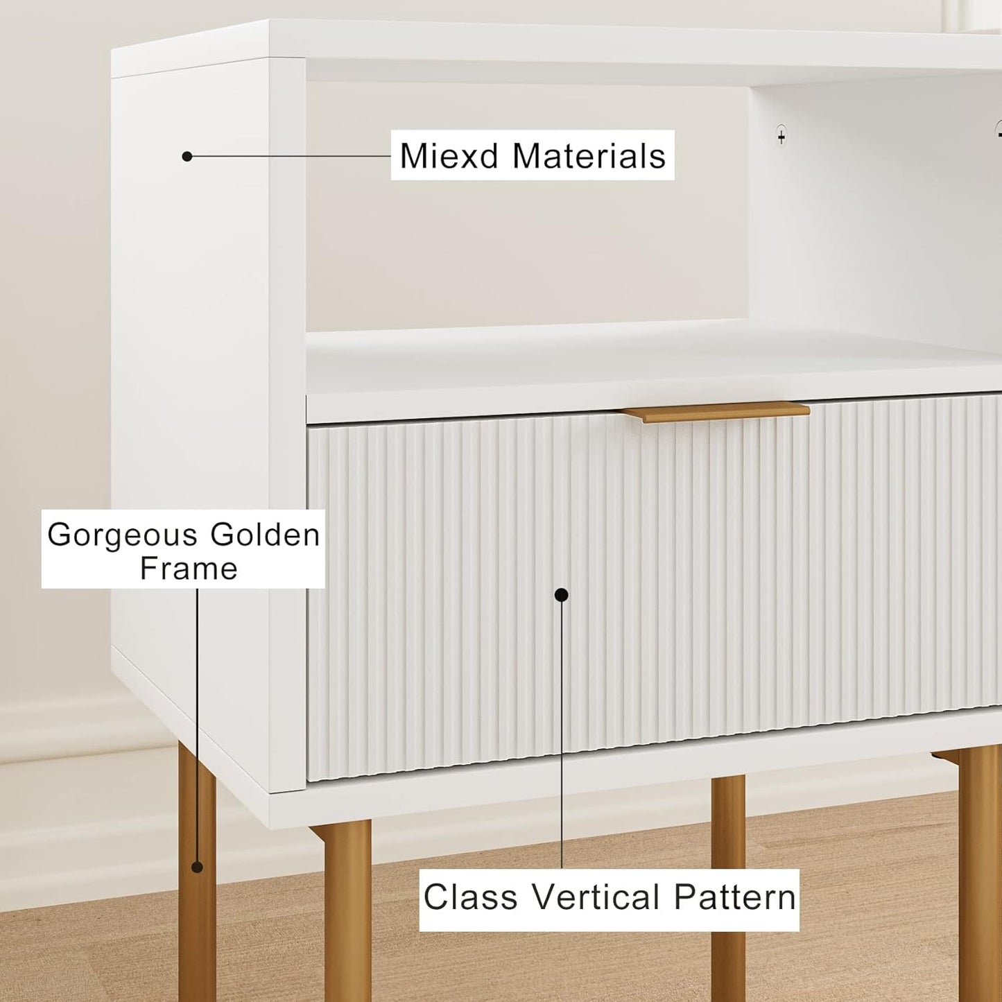 Nightstand,Mid-Century Modern Bedside Table with Storage Drawer and Open Wood Shelf,Small Gold Frame Side Table for Bedroom,Living Room,White