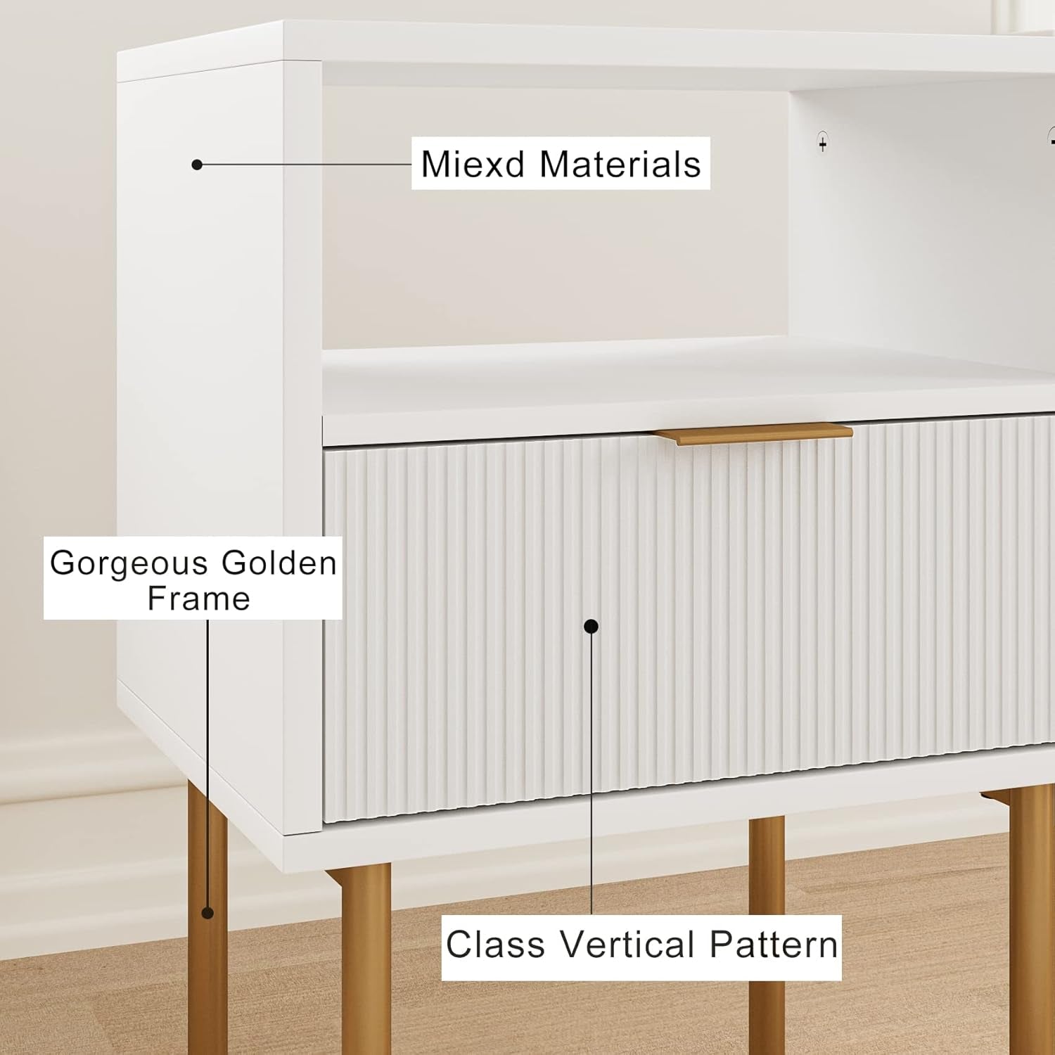 Nightstand,Mid-Century Modern Bedside Table with Storage Drawer and Open Wood Shelf,Small Gold Frame Side Table for Bedroom,Living Room,White