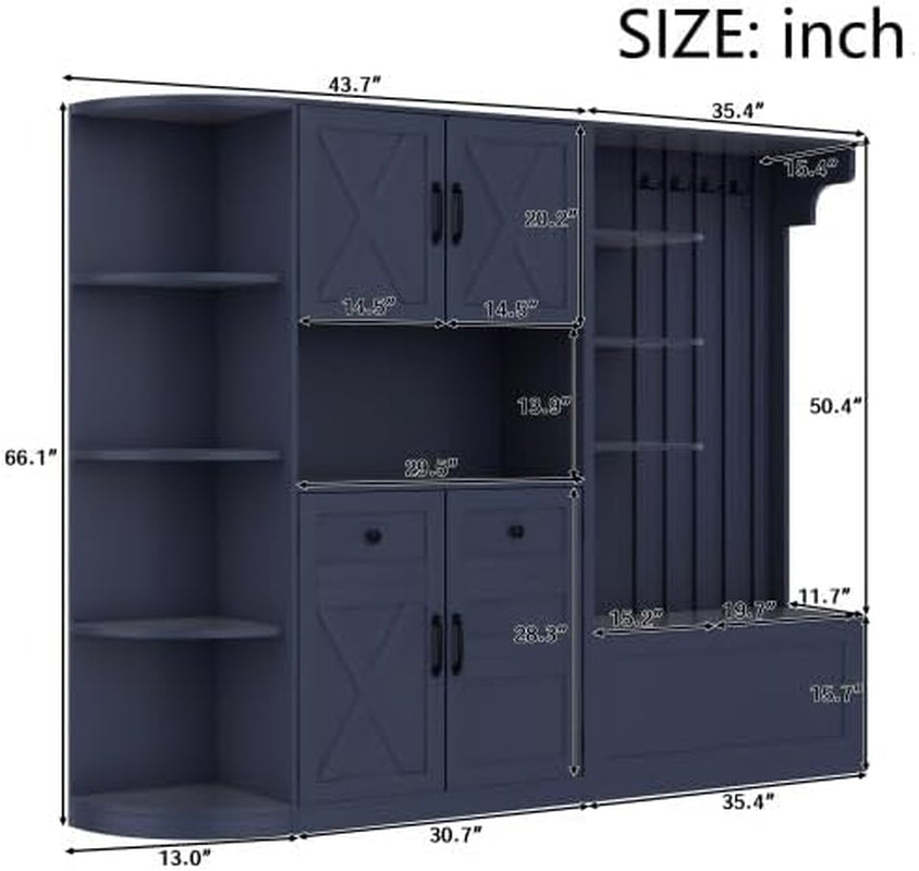 Hall Tree with Storage Cabinet, Hall Tree with 4 Hooks, Storage Cabinet for Living Room, Hallway, Enterway, Antique Blue