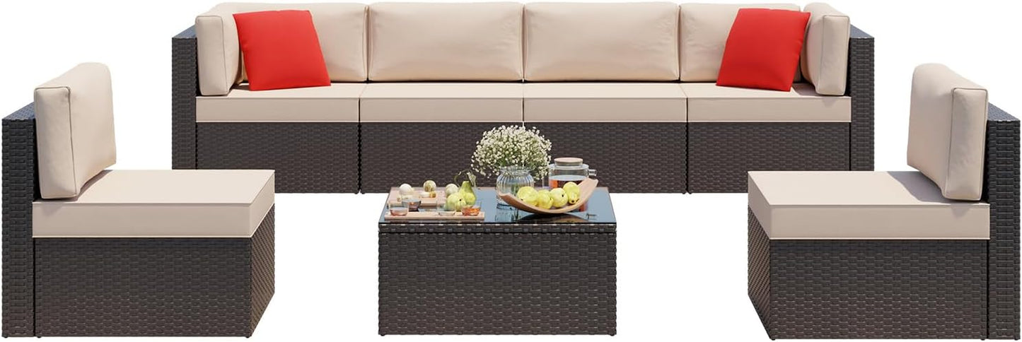 7 Pieces Patio Furniture Sets, Outdoor Modular Sectional Sofa Patio Conversation Set PE Rattan Wicker Sectional Couch with Cushion, Glass Table for Patio, Garden, Poolside, Beige
