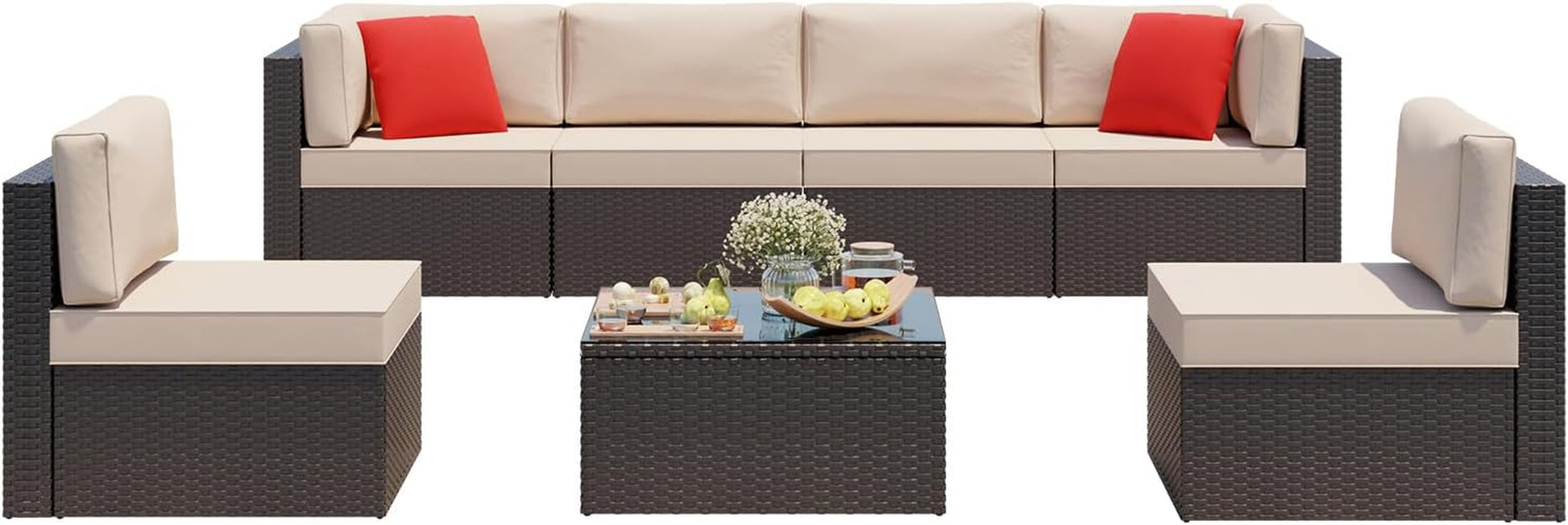 7 Pieces Patio Furniture Sets, Outdoor Modular Sectional Sofa Patio Conversation Set PE Rattan Wicker Sectional Couch with Cushion, Glass Table for Patio, Garden, Poolside, Beige