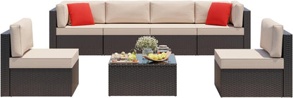 7 Pieces Patio Furniture Sets, Outdoor Modular Sectional Sofa Patio Conversation Set PE Rattan Wicker Sectional Couch with Cushion, Glass Table for Patio, Garden, Poolside, Beige