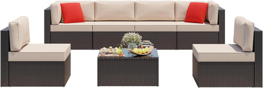 7 Pieces Patio Furniture Sets, Outdoor Modular Sectional Sofa Patio Conversation Set PE Rattan Wicker Sectional Couch with Cushion, Glass Table for Patio, Garden, Poolside, Beige