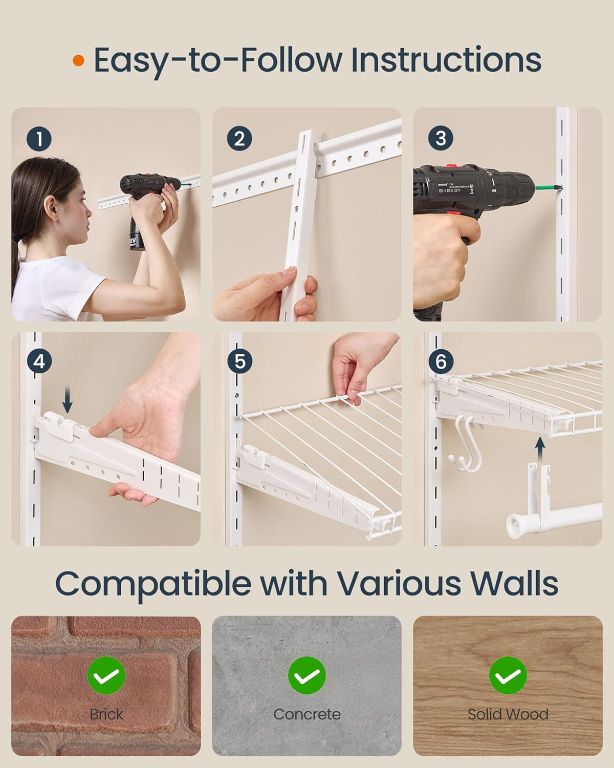 HOME Closet System, Closet Insert Organizer, 4-6 Ft, Adjustable Metal Shelving Unit with 4 Hanging Rods, 4 Shelves, and Hooks, for Pantry Mudroom Garage Basement, Cloud White URGR031W01