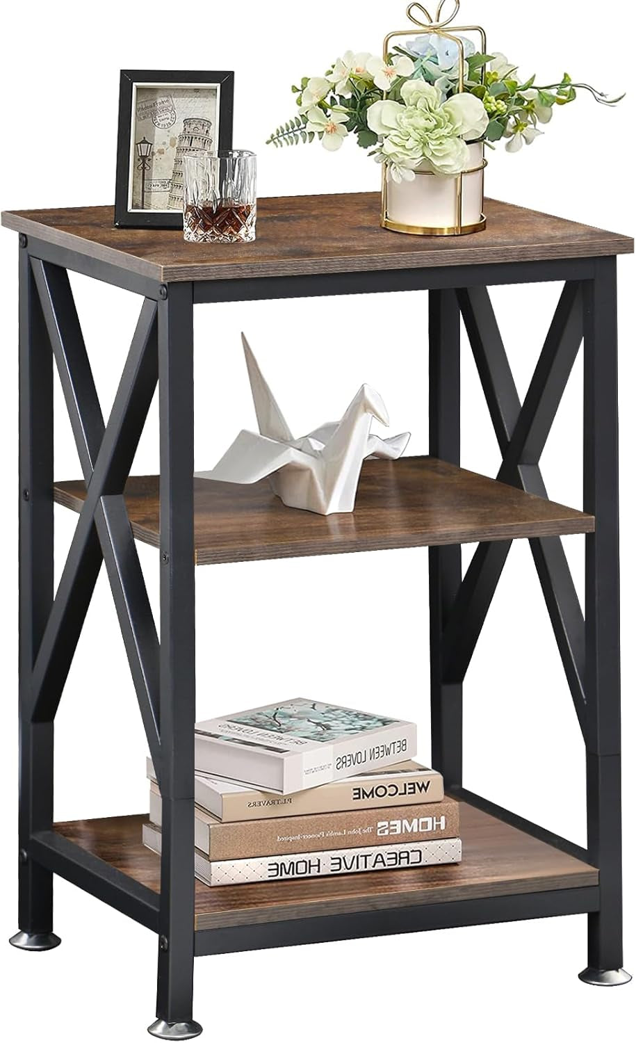 End Tables with Storage Shelf, 12" Deep X 16" Wide X 24" High, Small Side Table 3-Tier, End Tables Living Room Farmhouse, X-Shaped Night Stands for Bedrooms Bedside Tables, End Table Wood and Metal