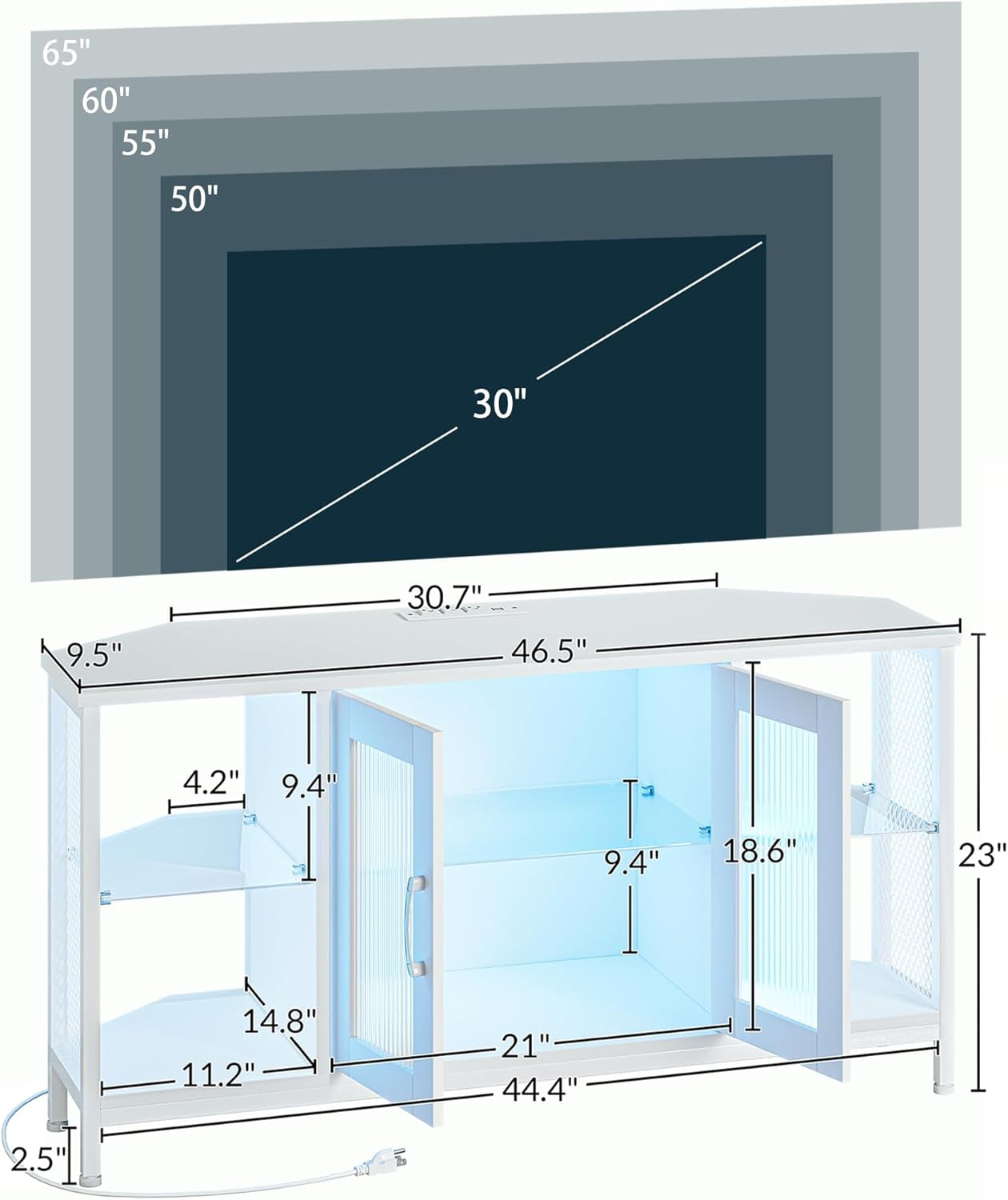 TV Stand with Glass Storage Cabinets and Power Outlet, White TV Stand for 32/45/55 Inch Tvs, Entertainment Center with LED Light for Living Room, 46Inch Small Tv Stand for Bedroom