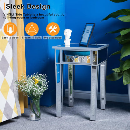 Mirrored End Table with Drawer Silver Modern Nightstand/Bedside/Accent Table for Small Space,Living Room,Bedroom,15.7" L X 15.7" W X 24" H,Mirror