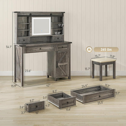 Farmhouse Vanity Desk with Mirror, LED Lights Makeup Vanity Table with 42 Inch Glass Tabletop, Cushioned Stool, Drawers & Shelves & Cabinet, Rustic Dressing Table Set for Bedroom, Gray