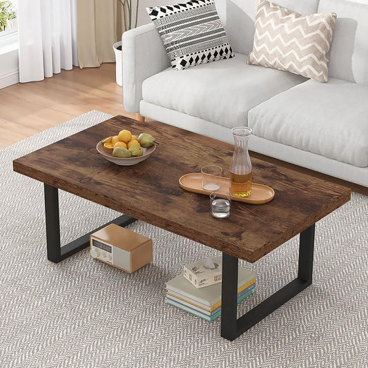 Rustic Coffee Table, Industrial Simple Wooden Living Room Table, Modern Minimalist Farmhouse Rectangle Center Table, Wood and Metal Vintage Tea Coffee Table for Home Bedroom, Rustic Brown, 39 Inch