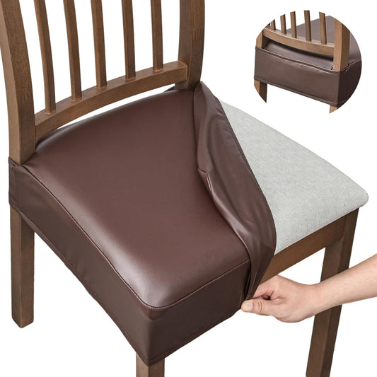 Waterproof Seat Covers for Dining Room Chairs Set of 4, Pu Leather Chair Seat Slipcovers Dining Chair Cover Removable Washable Chair Protctor Cover, Rear Covers (Pu-Coffee)
