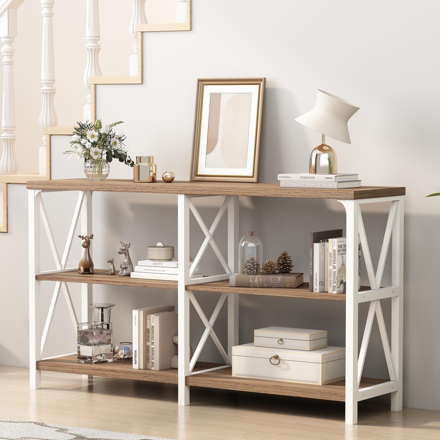 Farmhouse Entryway Table, Wood TV Console Table, Rustic Metal Sofa Table, Industrial Hallway Tables with Storage Shelves, Modern Foyer Tables for Front Entry Way, White and Rustic Oak, 47 Inch