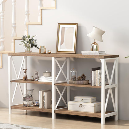 Farmhouse Entryway Table, Wood TV Console Table, Rustic Metal Sofa Table, Industrial Hallway Tables with Storage Shelves, Modern Foyer Tables for Front Entry Way, White and Rustic Oak, 47 Inch
