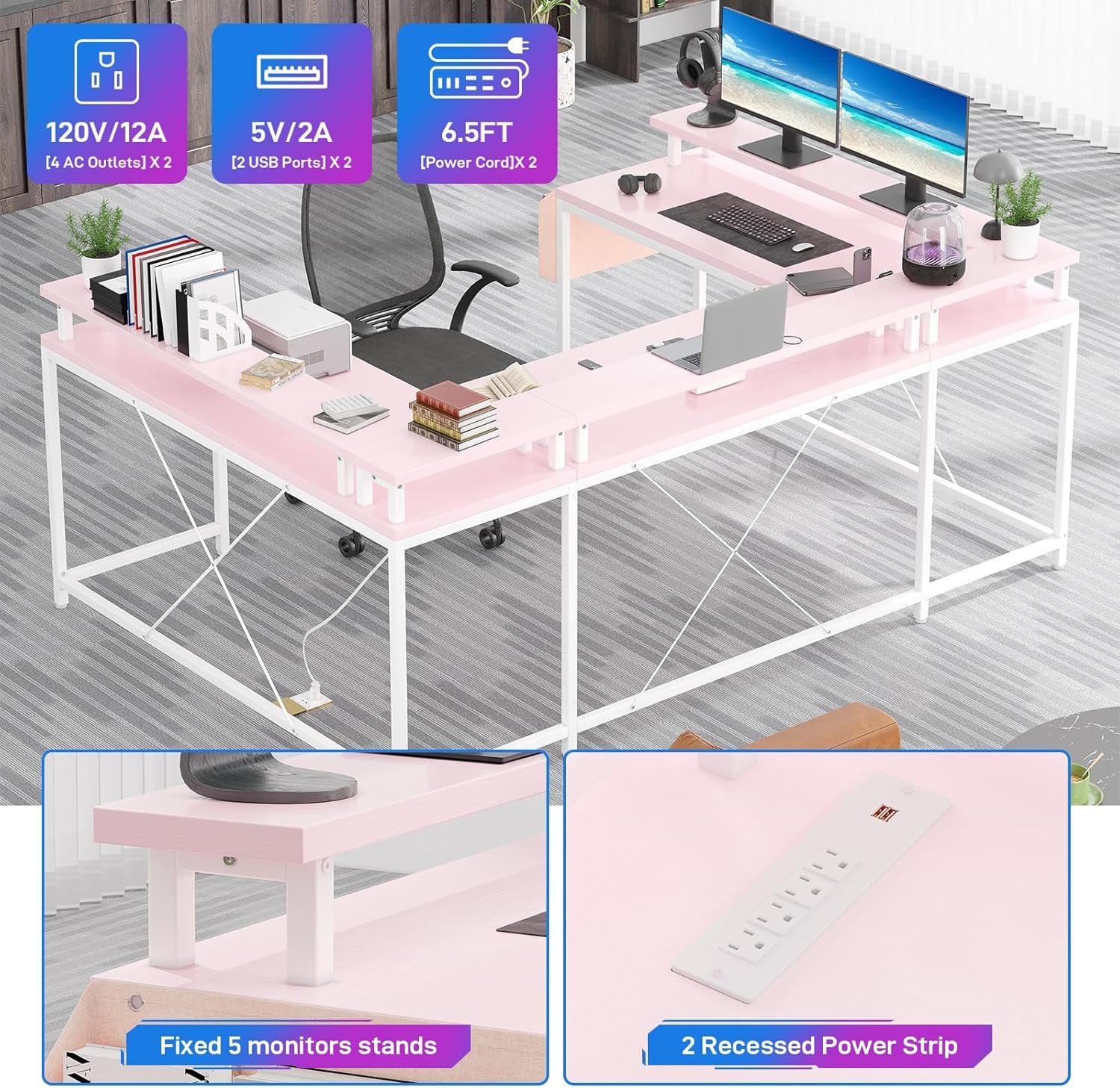 U-Shaped Computer Desk with Power Outlets & LED Lights 79 Inch Reversible L-Shaped Office Workstation, Full Monitor Stand, Spacious Corner Table for Home Office, Black