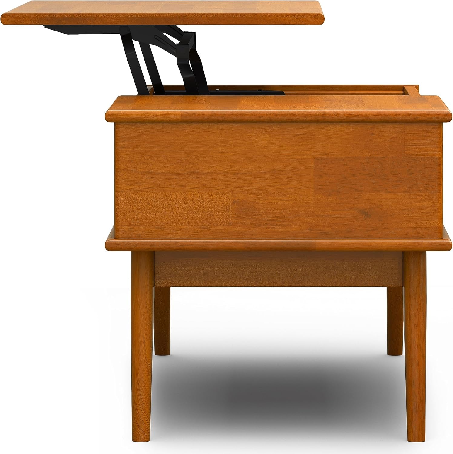 Draper Lift Top Coffee Table - 48 Inch Wide Solid Hardwood Mid-Century Modern Cocktail Table in Teak Brown, Functional Living Room Table with Storage Compartment, Open Shelf and Angled Legs
