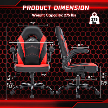 Ergonomic Computer Gaming Chair with Flip-Up Armrest, Height Adjustable PU Leather Home Office Desk Chair with Lumbar Support Swivel Wheels and for Adults and Kids, Scarlet Red