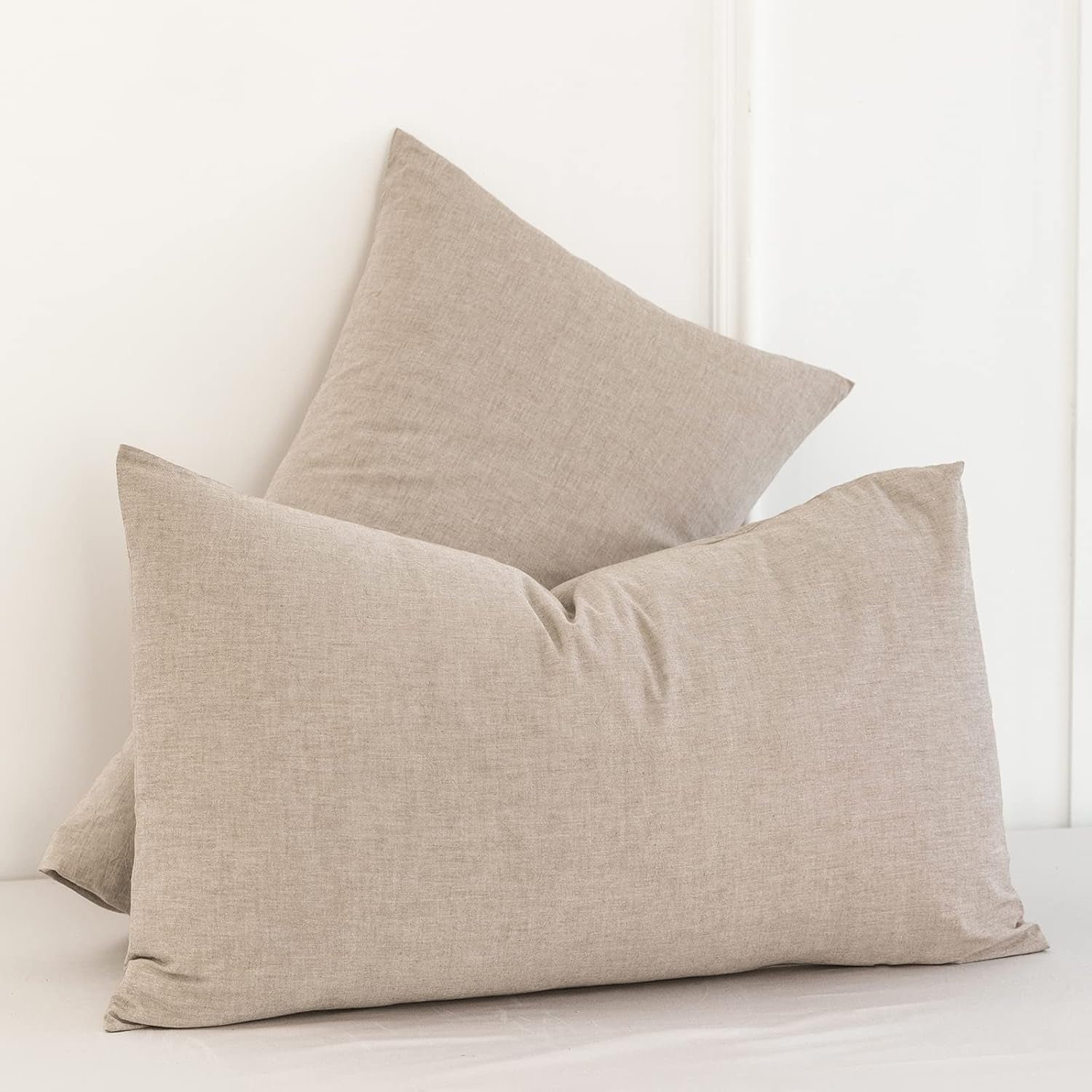 Bedding Pillowcases Pack of 2 100% Washed Cotton Linen like Textured Breathable Durable Soft Comfy (Heathered Taupe, Queen)