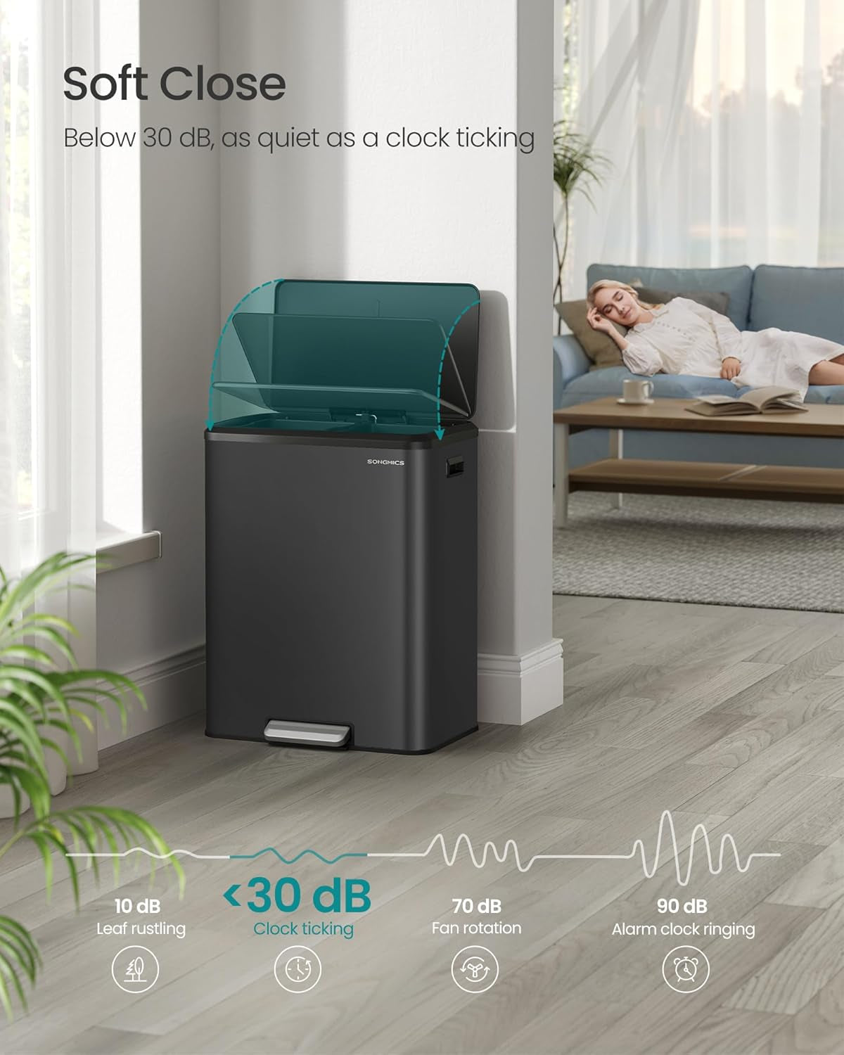 Trash Can, 2 X 8 Gallon (2 X 30 L) Double Garabge Can for Recycling and Waste, Stainless Steel, Soft-Close Lid, Inner Buckets, Wide Sturdy Pedal, Ink Black ULTB556B01