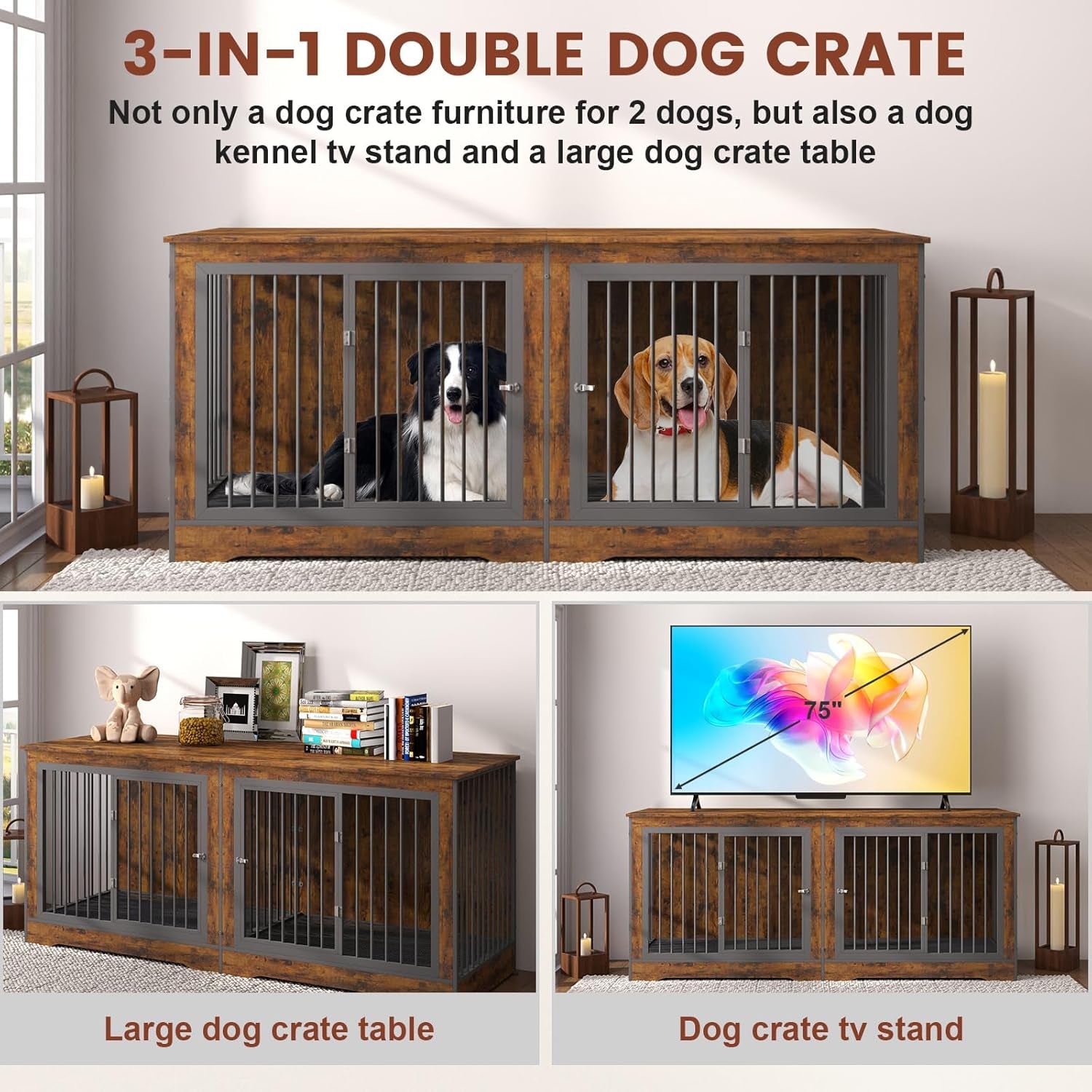 3-In-1 75 Inch Double Dog Crate Furniture for 2 Large Dogs Durable Rustic Brown TV Stand Dog Crate with Trays and Divider