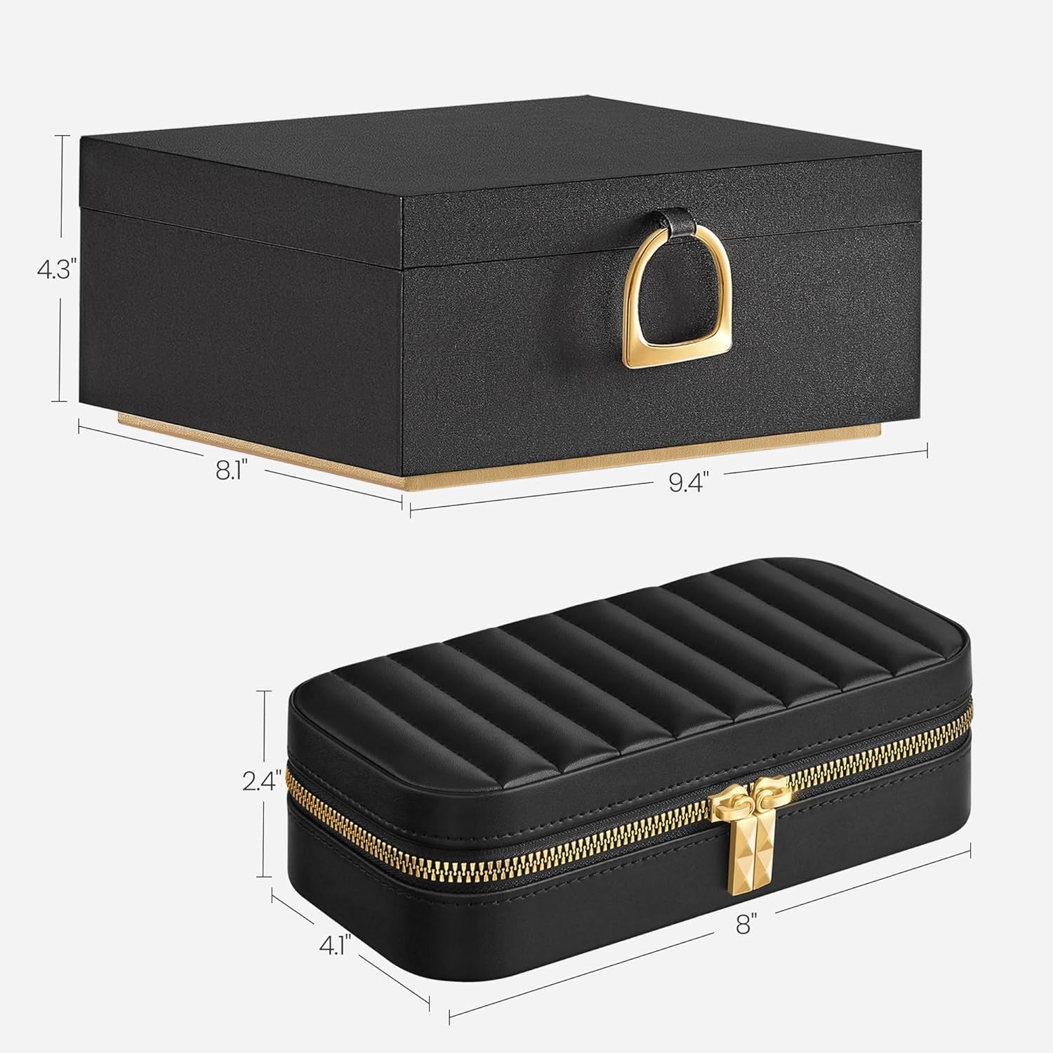 2-Layer Jewelry Box with Handle and Rectangular Travel Jewelry Box Bundle, Removable Jewelry Tray, with Mirror, PU, Zippers, Gift Idea, Ink Black UJBC165B01 and UJBC180B01