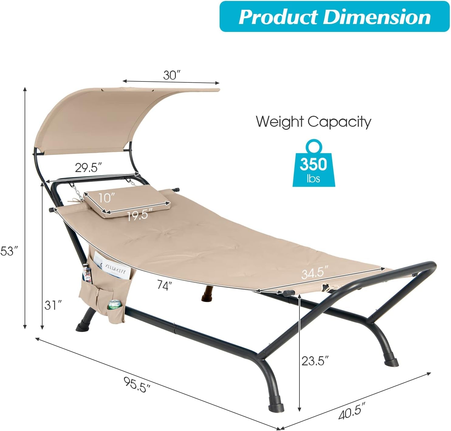 Hanging Hammock with Stand, Patio Hanging Chaise Lounge Chair W/Canopy, Cushion, Pillow & Storage Bag, Heavy Duty Swing Hammock Bed for Garden Lawn Backyard Patio Poolside Porch (Beige)