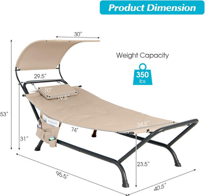 Hanging Hammock with Stand, Patio Hanging Chaise Lounge Chair W/Canopy, Cushion, Pillow & Storage Bag, Heavy Duty Swing Hammock Bed for Garden Lawn Backyard Patio Poolside Porch (Beige)
