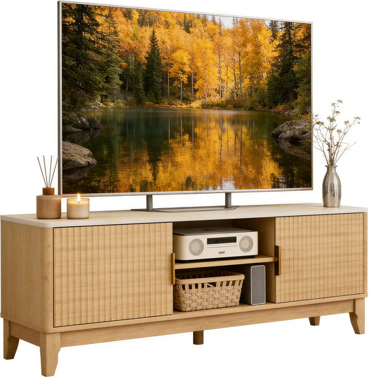 Mid Century TV Stand for Living Room, 55 Inch TV Console with Storage & Cable Holes, Entertainment Center for 32-60 Inch Tvs, Modern TV Furniture with Fluted Doors & Adjustable Shelf, Natural Wood