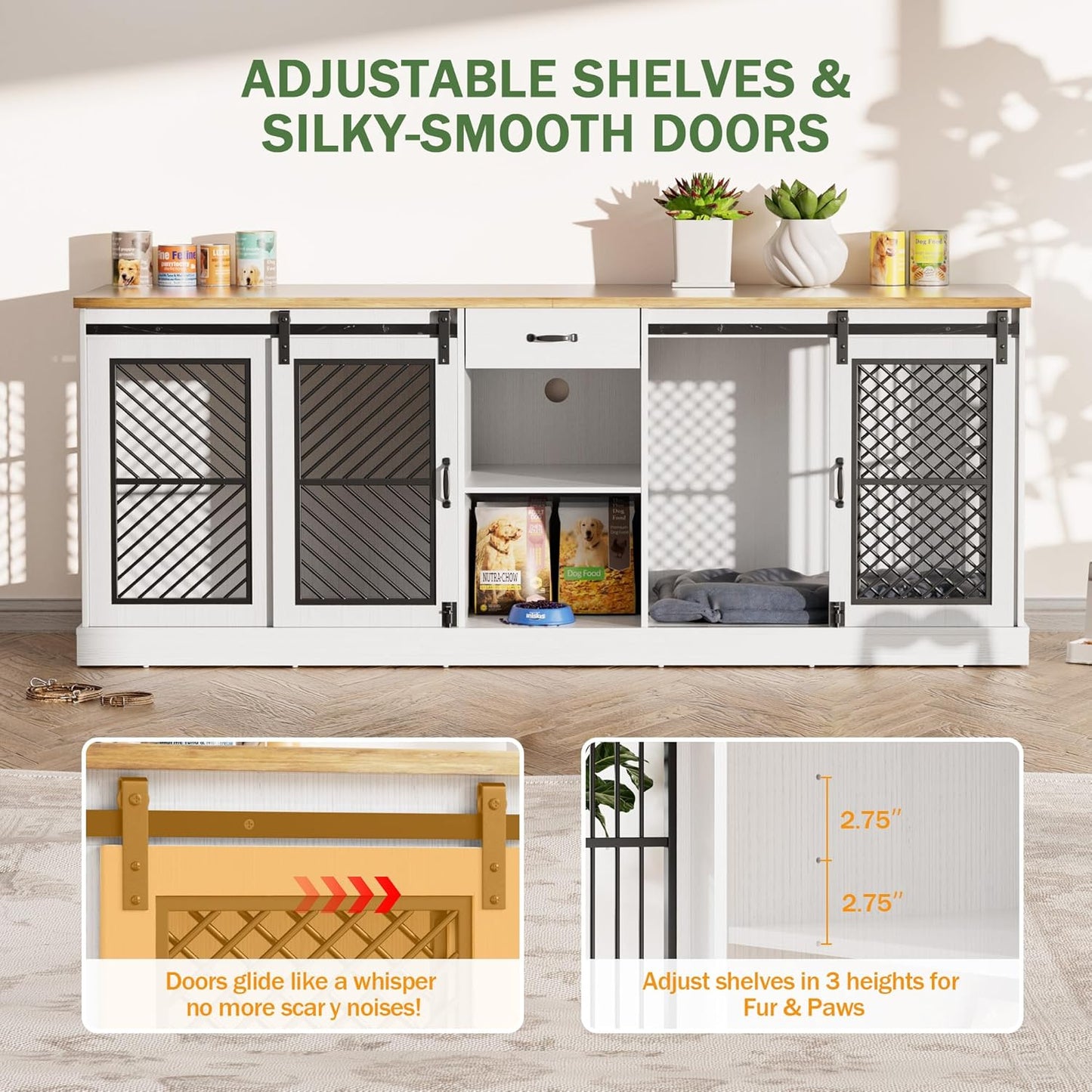 87" Dog Crate Furniture for 2 Dogs,Wooden Dog Kennel Indoor with Double Doors,Escape-Proof and Chew-Proof Heavy Duty Dog House TV Stand,White