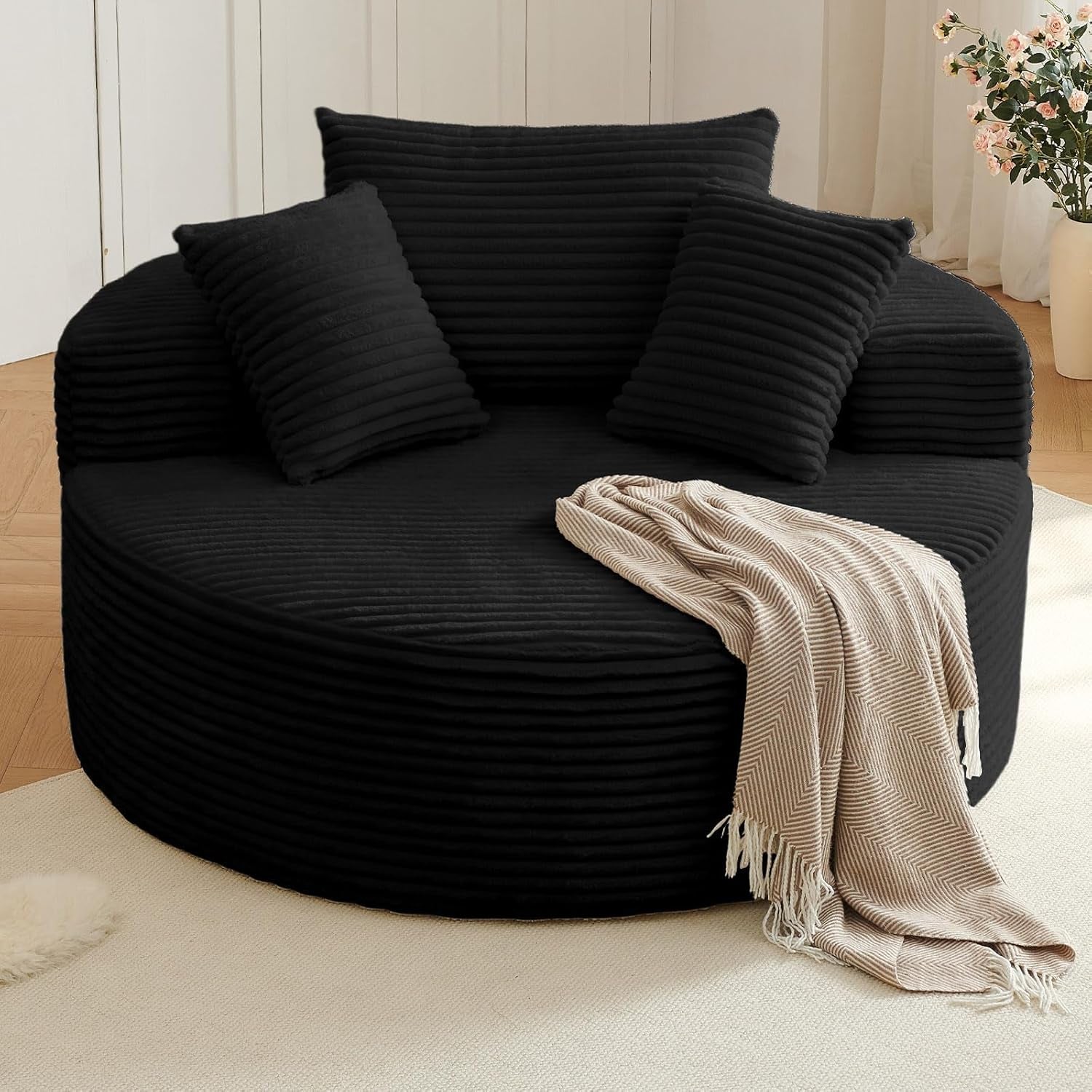 Oversized round Chair Lounge Chaise Indoor, Upholstered Corduroy Deep Seat Cloud Large Circle Sofa Chair, No Assembly Required, Fluffy Modern Sleeper Sofa Bed for Reading, Living Room, Bedroom, Black