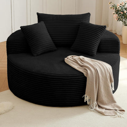 Oversized round Chair Lounge Chaise Indoor, Upholstered Corduroy Deep Seat Cloud Large Circle Sofa Chair, No Assembly Required, Fluffy Modern Sleeper Sofa Bed for Reading, Living Room, Bedroom, Black