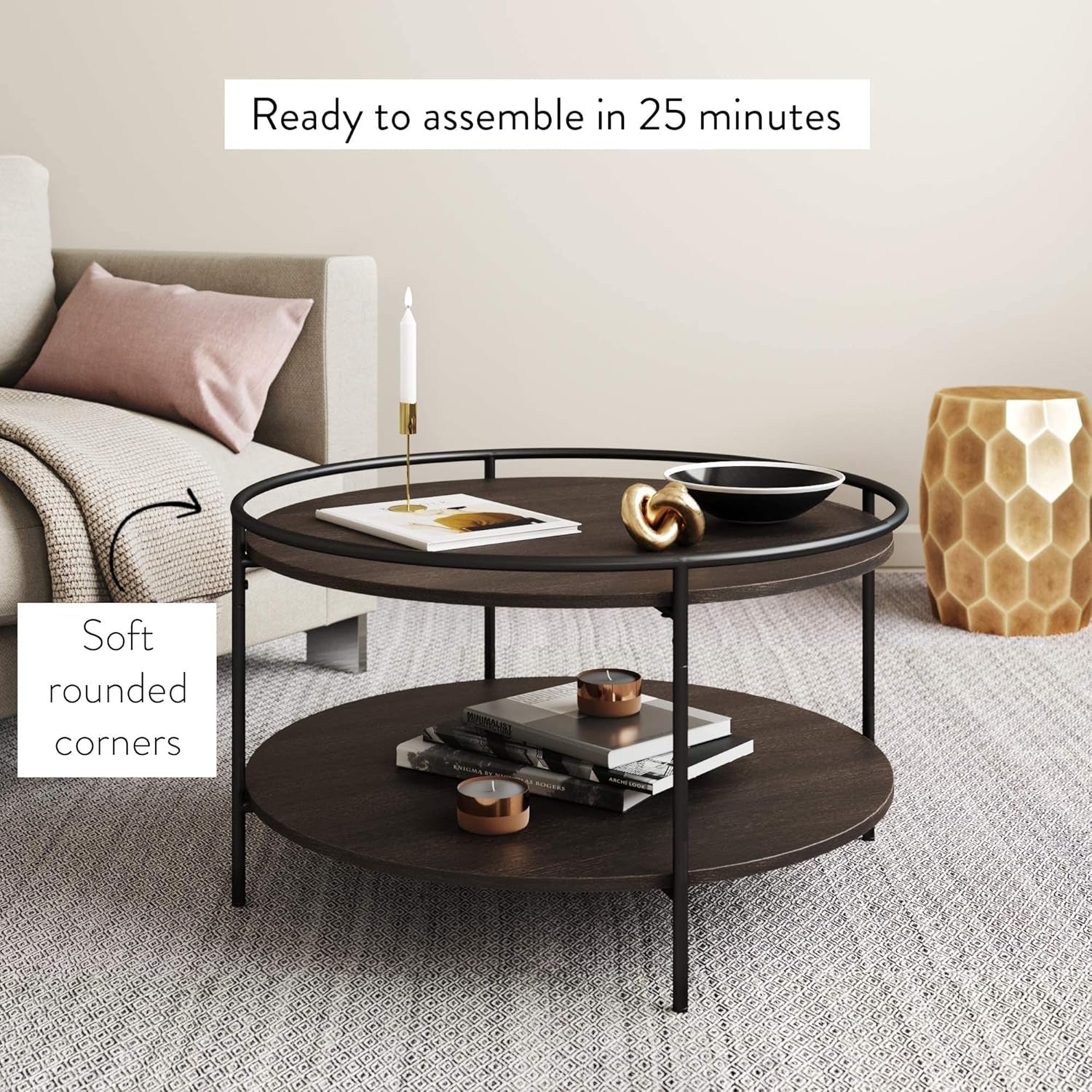 Paloma round Coffee Tea or Cocktail with Raised Tray Top Edge Tables, 2-Tier Minimalist Style Living Room, Dark Oak/Matte Black