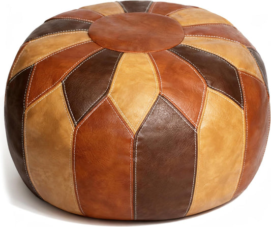 Unstuffed Moroccan Faux Leather Pouf Ottoman with Storage - Handmade Boho Chic Multi-Use Footrest for Living Room, Bedroom, Patio - round Ethnic Floor Cushion & Decorative Accent, Tricolor