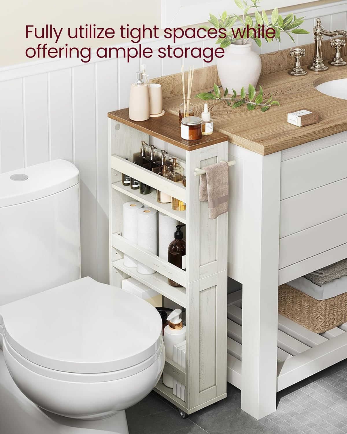 4-Tier Slide-Out Storage Cart, Slim Kitchen Cart for Small Spaces, with Wheels, Handle, Bathroom, Laundry Room, 5.9 X 17 X 34.1 Inches, Rustic White and Honey Brown ULRC050K01