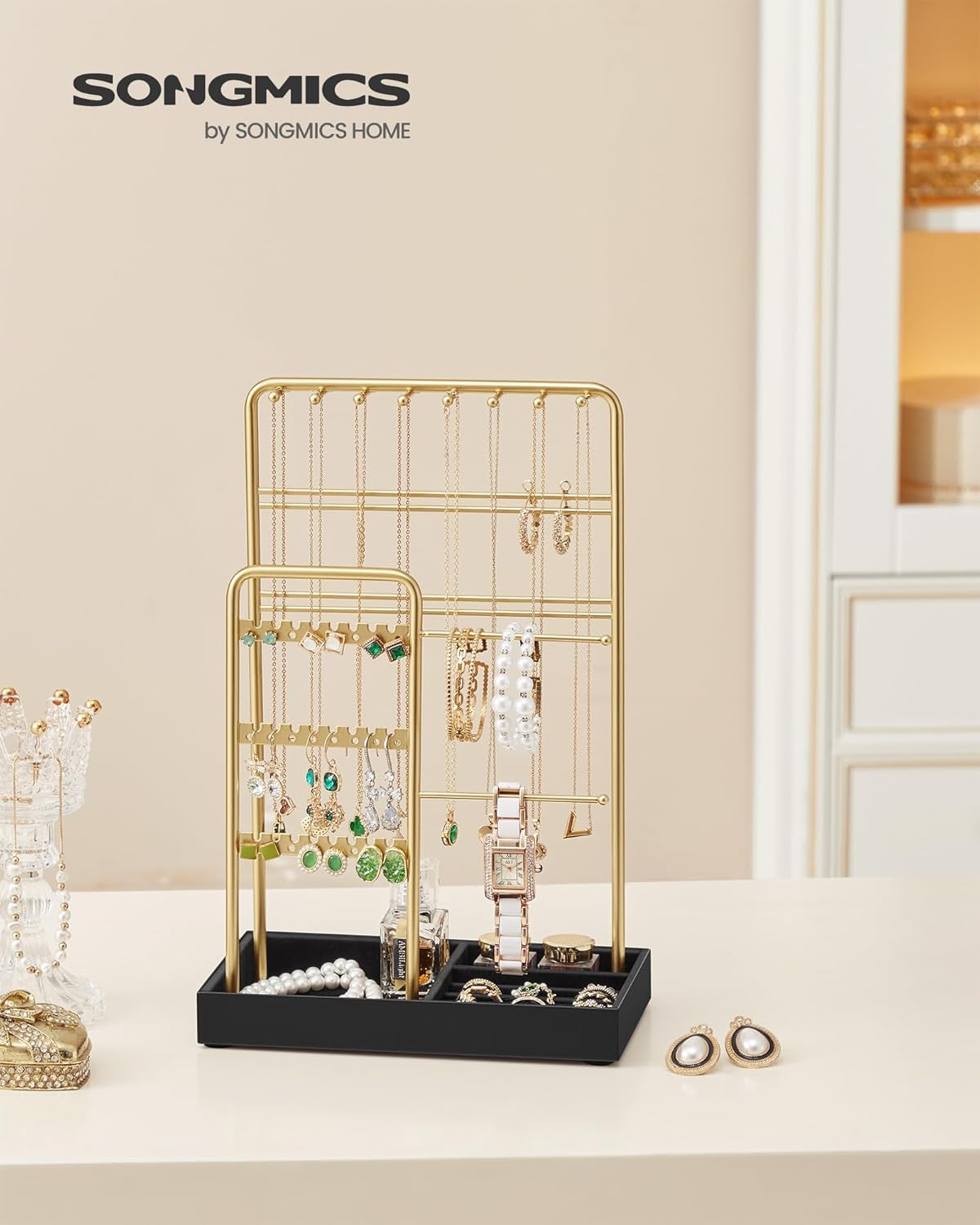 Jewelry Holder, Jewelry Organizer Display Stand with Metal Frame, Velvet Tray, Necklace Earring Bracelet Holder, for Studs, Rings, Gift Idea, Pale Gold and Ink Black UJJS021AB02