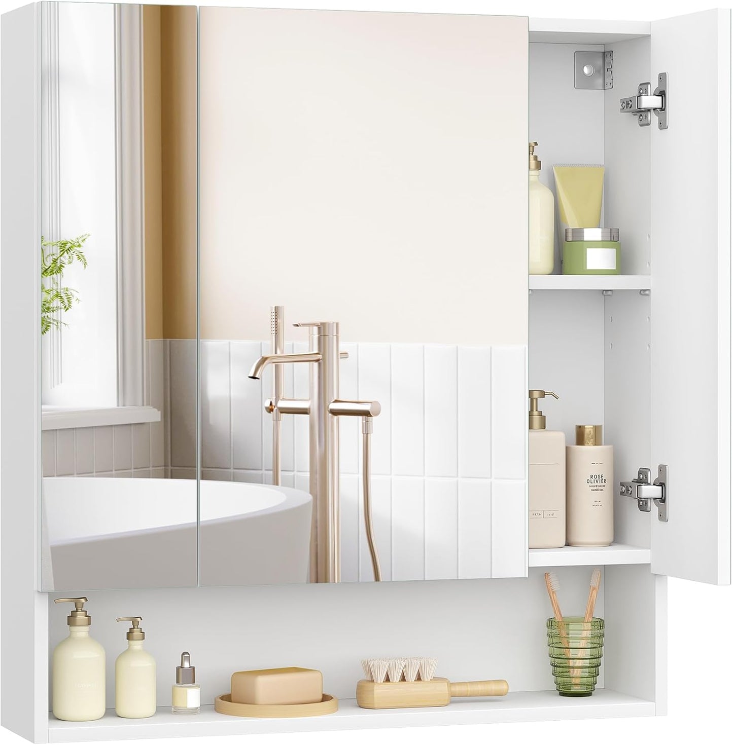 KAILYN Collection - Medicine Cabinet Mirror, Bathroom Wall Mirror Cabinet with Storage, Open Compartment, Adjustable Shelves, 6.5 X 27.6 X 29.5 Inches, Cloud White UBBK129W01