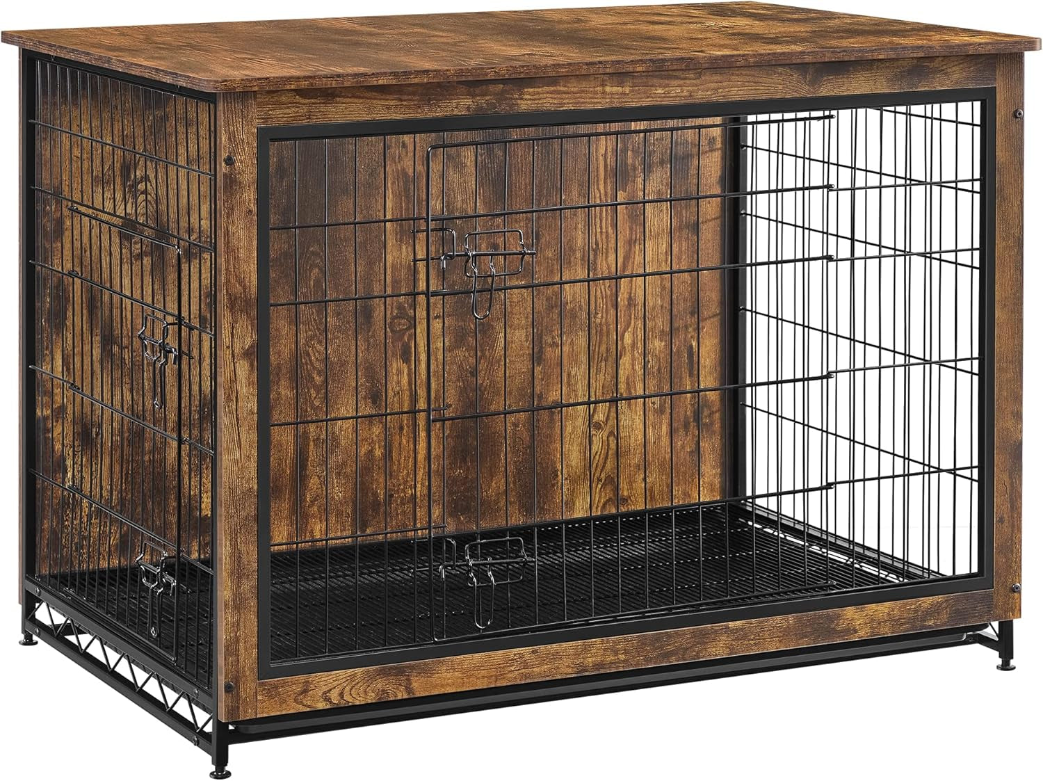 Dog Crate Furniture, 44.1" Side End Table, Modern Kennel for Dogs Indoor up to 80 Lb, Heavy-Duty Dog Cage with Multi-Purpose Removable Tray, Double-Door Dog House, Rustic Brown UPFC004X01