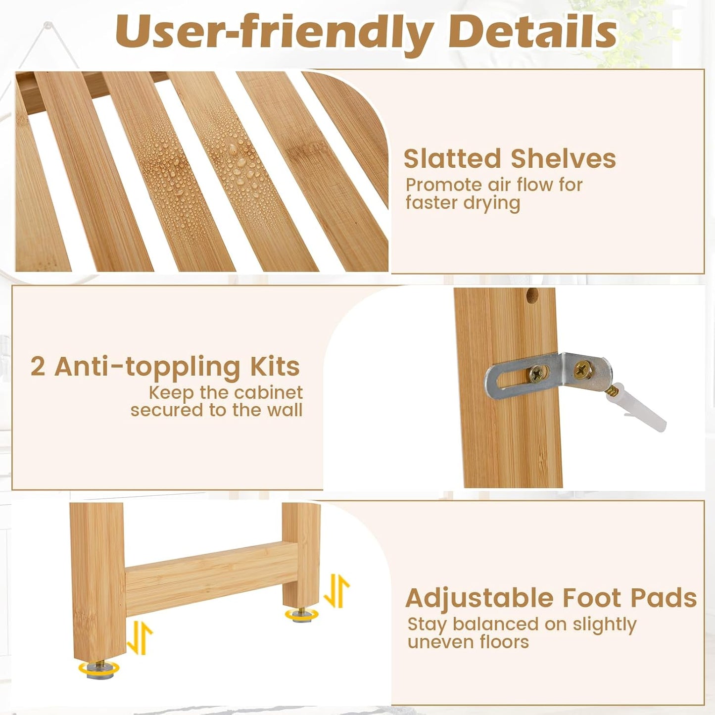 over the Toilet Storage, 3-Tier Bamboo Toilet Rack with 5-Position Shelves, 3 Hooks, Adjustable Bottom Bar, Freestanding Bathroom Shelf Organizer for Laundry Room, Space Saver, Natural