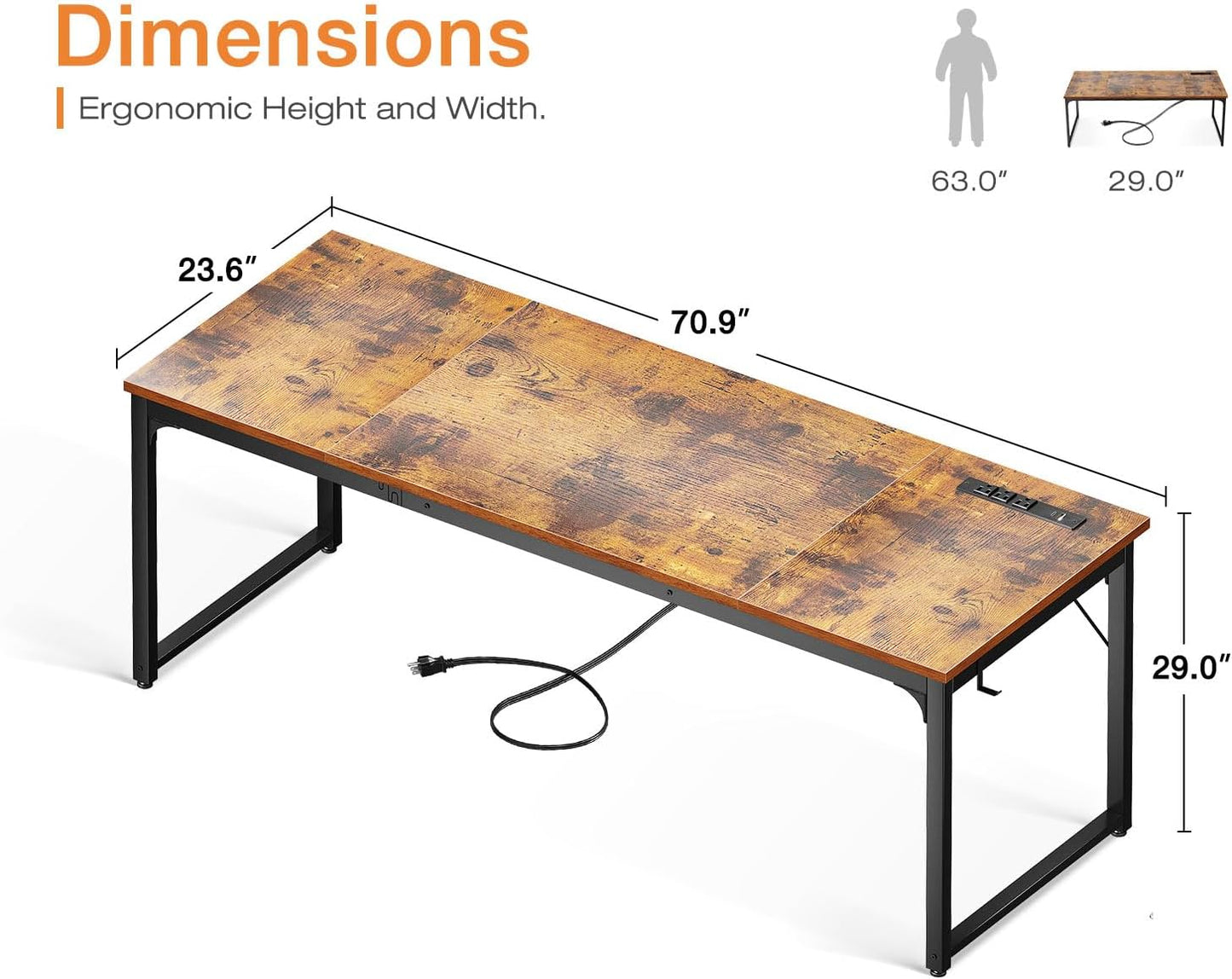 71 Inch Computer Desk with USB Ports, Large Office Desk, Long Study Student Writing Desk, Rustic Brown