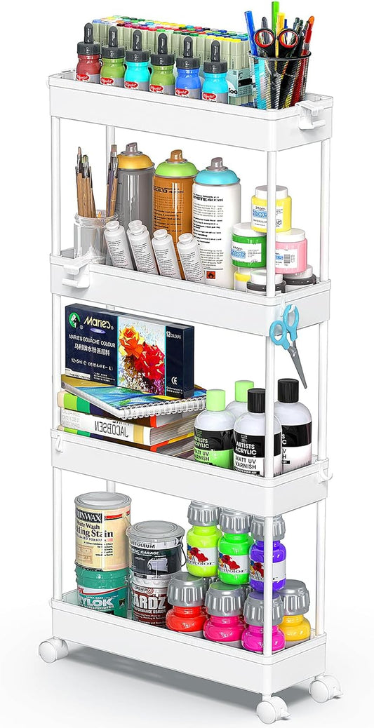 Slim Rolling Storage Cart 4 Tier Bathroom Organizer Mobile Shelving Unit Utility Cart Tower Rack for Kitchen Laundry Narrow Places, White
