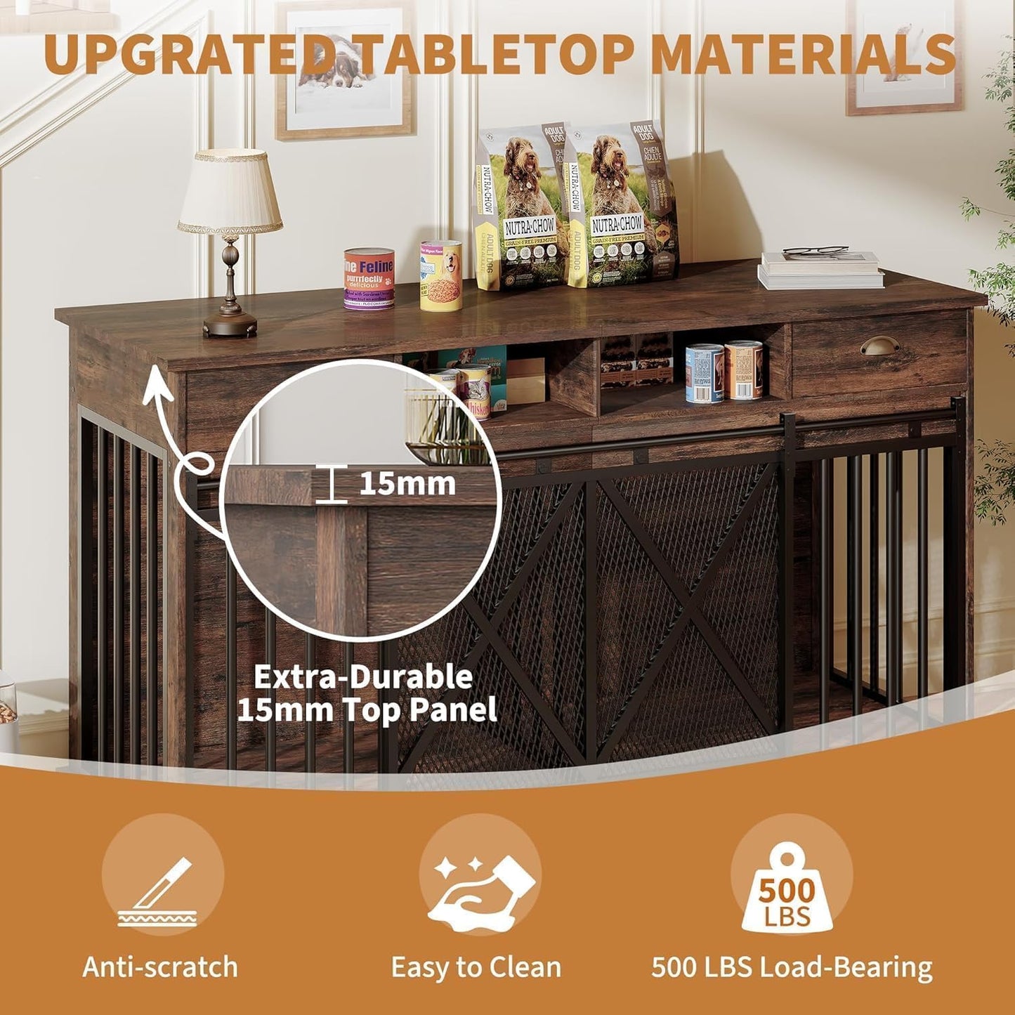 63 Inch Dog Crate Furniture with Double Doors, Modern Farmhouse Indoor Kennel for Small to Medium Dogs, Dual Drawer Storage TV Stand, Media Console and Sideboard, Versatile Pet Cabinet