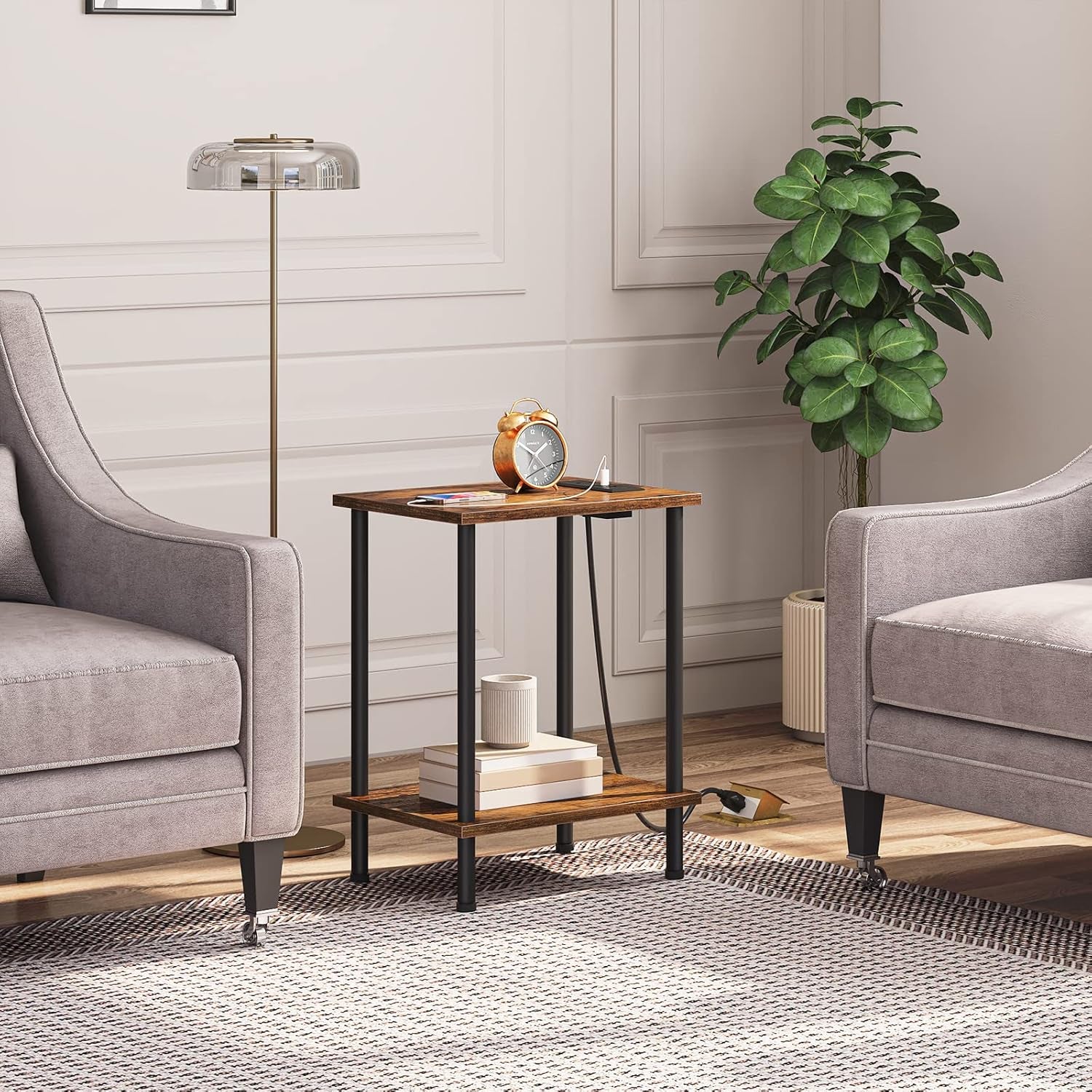 Side Table with Charging Station, End Table with USB Port and Outlet, Nightstand with 2-Layer Storage Shelves for Small Spaces, Living Room, Bedroom, Stable Frame, Rustic Brown BF09UBZ01