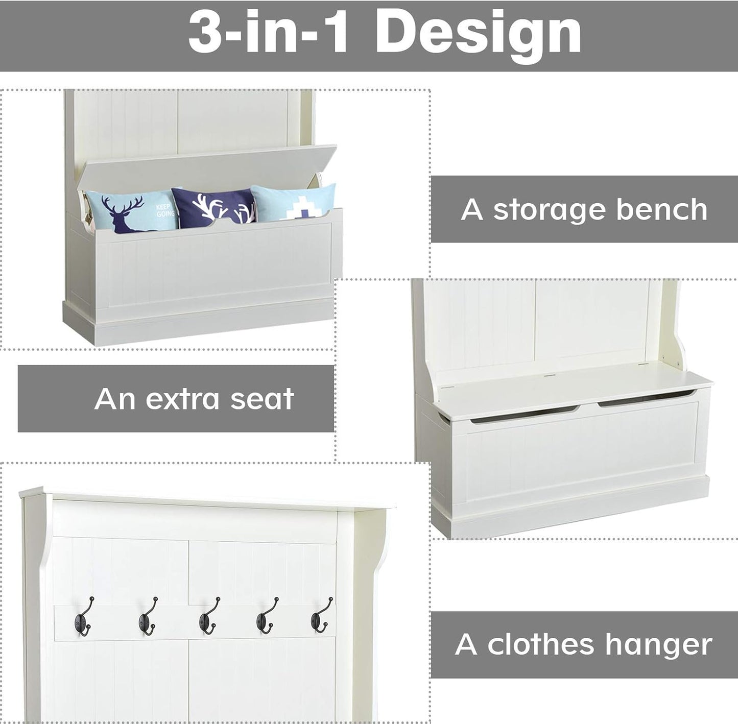 Hall Tree with Bench and Shoe Storage, 3-In-1 Entryway Bench with Coat Rack, 5 Hooks and Flip Top Storage Compartment, Cream White