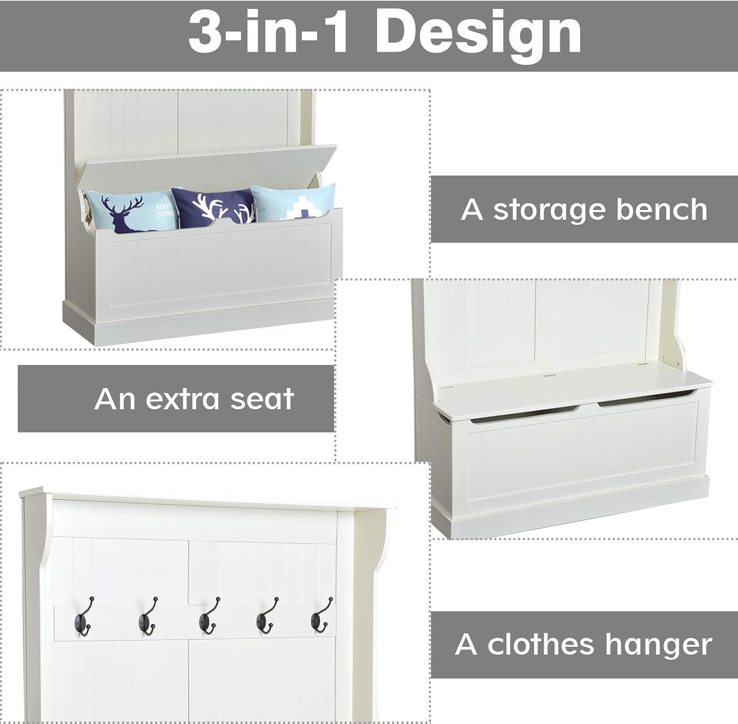 Hall Tree with Bench and Shoe Storage, 3-In-1 Entryway Bench with Coat Rack, 5 Hooks and Flip Top Storage Compartment, Cream White