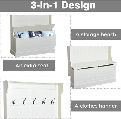 Hall Tree with Bench and Shoe Storage, 3-In-1 Entryway Bench with Coat Rack, 5 Hooks and Flip Top Storage Compartment, Cream White