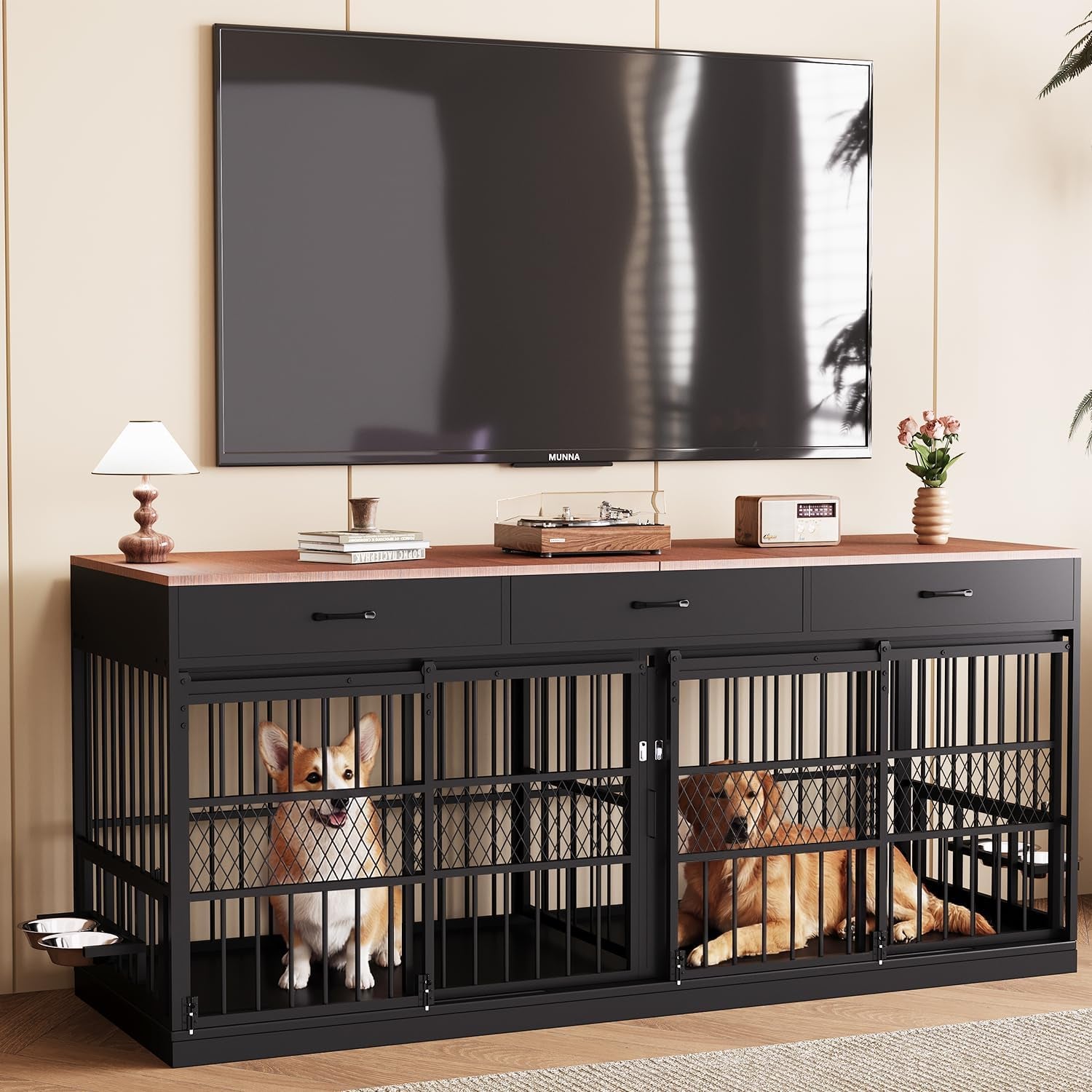 78.7" Extra Large Dog Crate Furniture, Double Dog Kennel with 3 Storage Drawers for 1 or 2 Dogs Heavy Duty Dog Cage as TV Stand with Removable Divider&360°Rotating Steel Bowls for Large Dogs